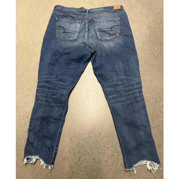 American Eagle Hi Rise Girlfriend Jeans Womens 20L Blue Distressed Frayed Hem - Picture 2 of 10